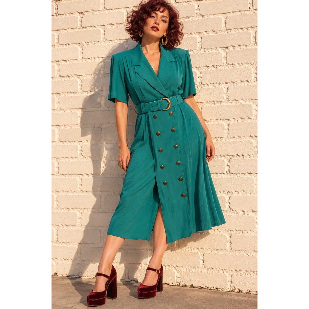 Vintage Caroline Wells Teal Rayon Blend Belted Midi Dress Nautical 80s 16P